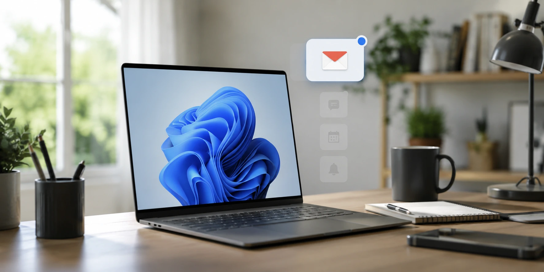 Ноутбук із Windows 11 та активним сповіщенням Gmail на тлі вимкнених повідомлень інших програм