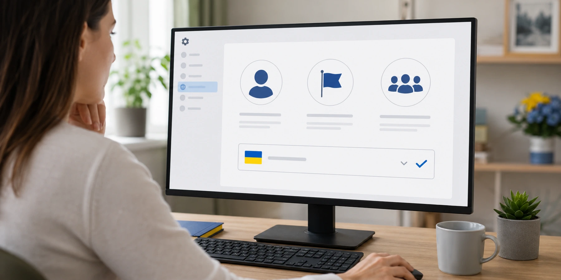 Користувач налаштовує українську мову Facebook для особистого профілю, сторінок і груп