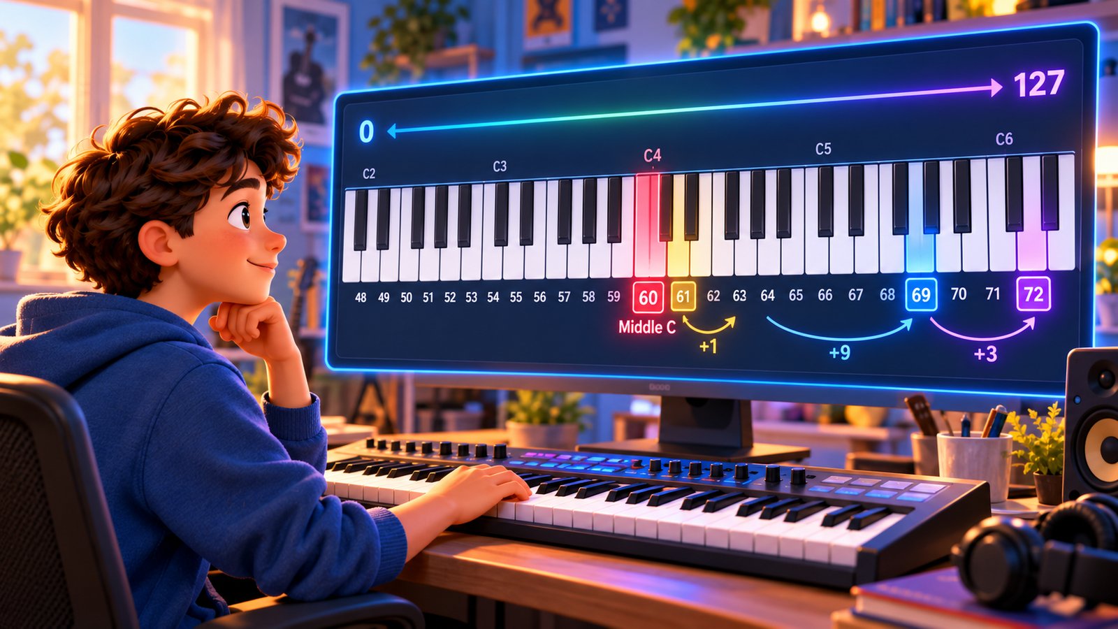 MIDI-клавіатура з виділеною нотою 60 Middle C та номерами нот.
