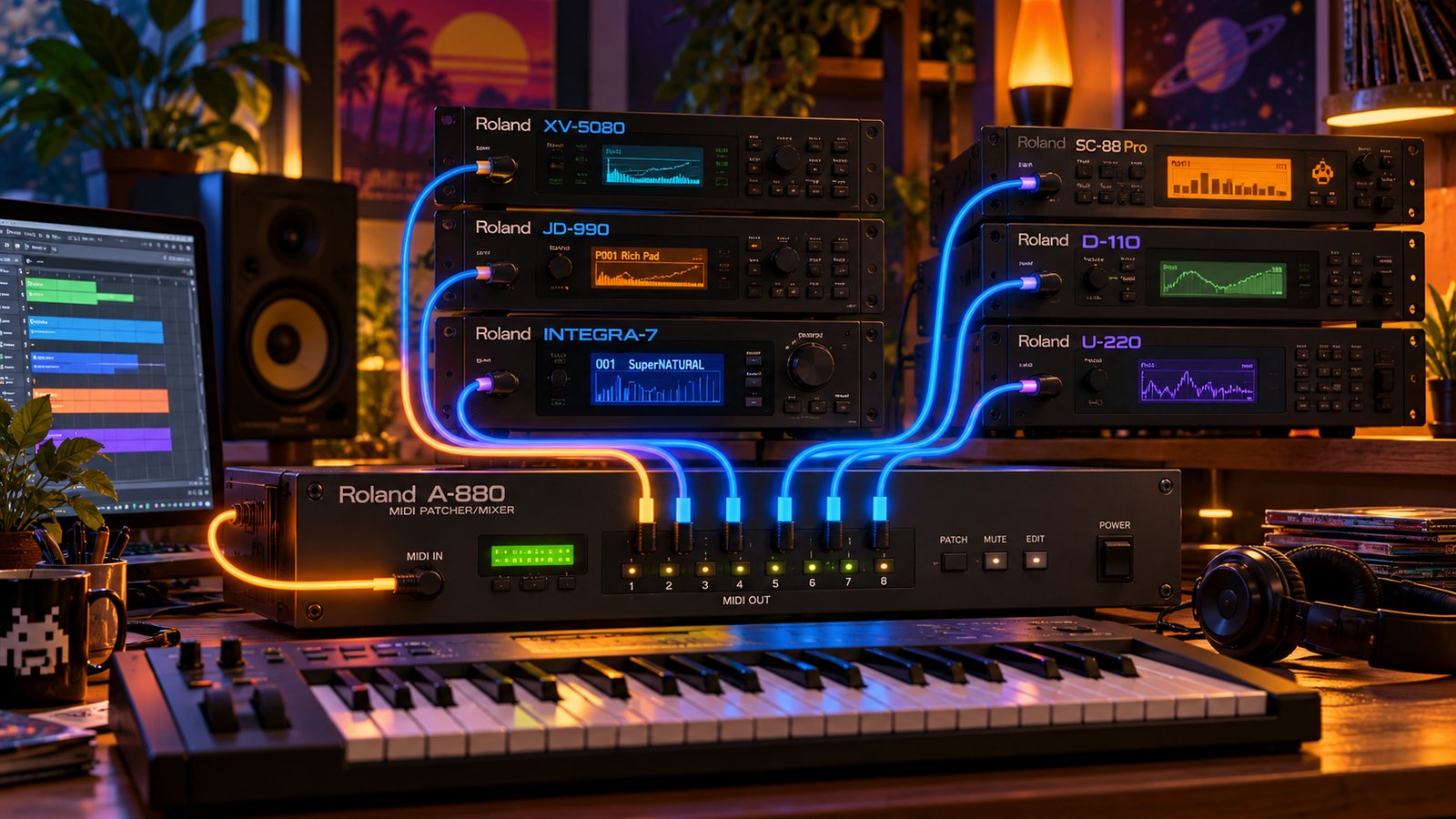 Roland A-880 у центрі студії розподіляє один MIDI-потік на кілька звукових модулів, що грають одночасно.