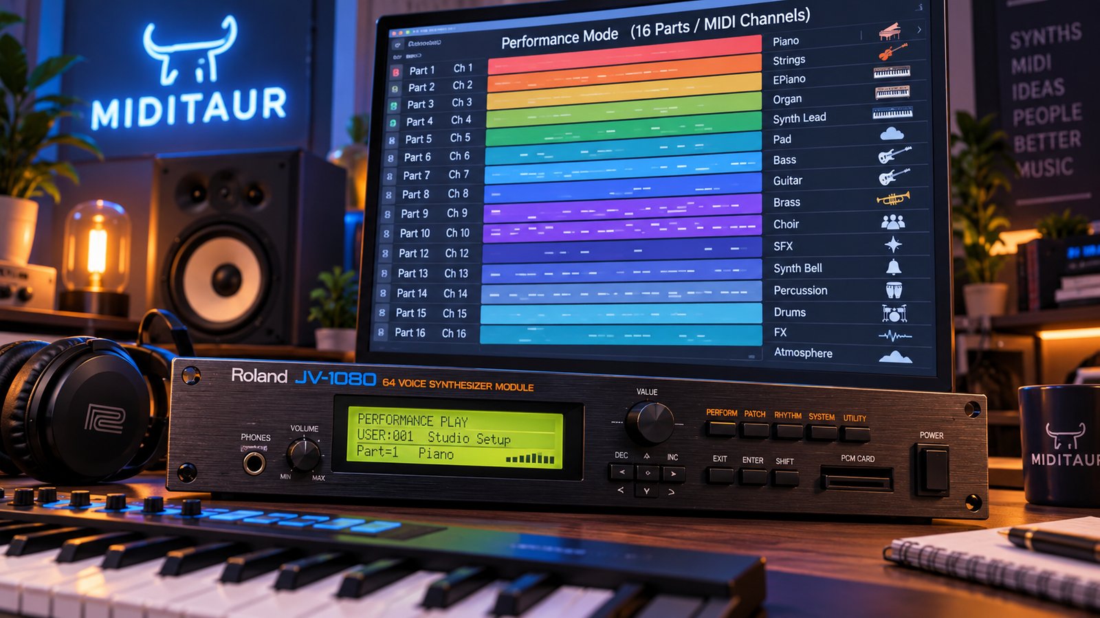 Roland JV-1080 у Performance mode з 16 частинами, де кожній частині призначено свій тембр і MIDI-канал.