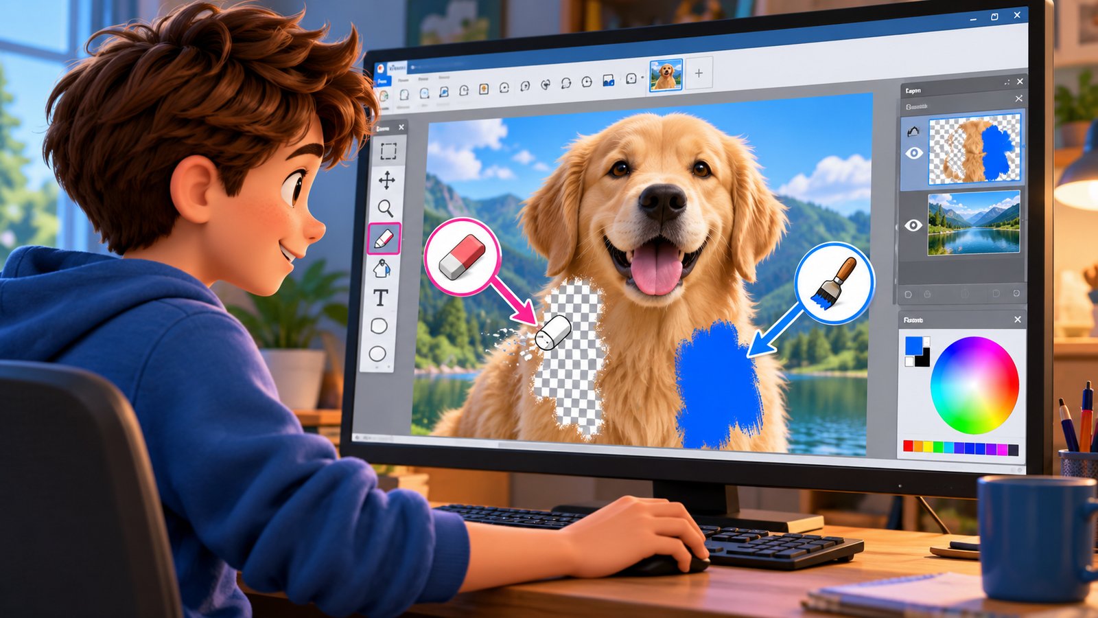 У Paint.NET гумка стирає частину об’єкта на окремому шарі й відкриває прозору шахову область замість білого кольору.