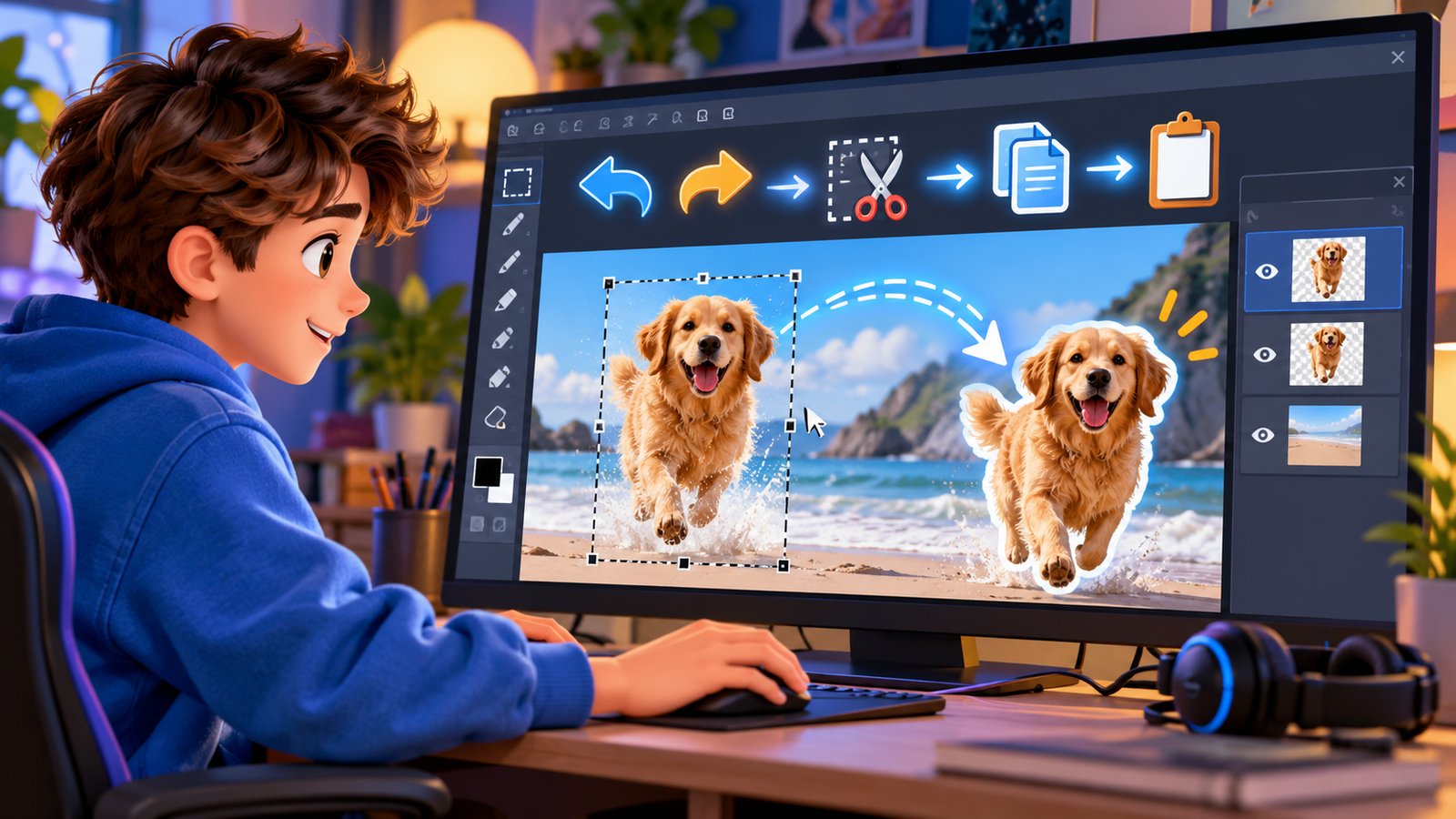 Одна сцена Paint.NET із виділеним об’єктом і зрозумілим ланцюжком Undo, Copy, Paste into New Layer та Redo.