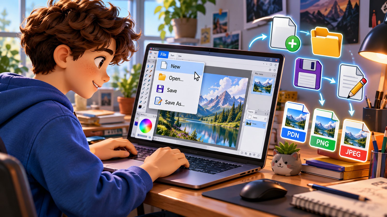 Учень у Paint.NET відкриває меню File, де видно New, Open, Save і Save As, поруч показані PDN, PNG і JPEG.