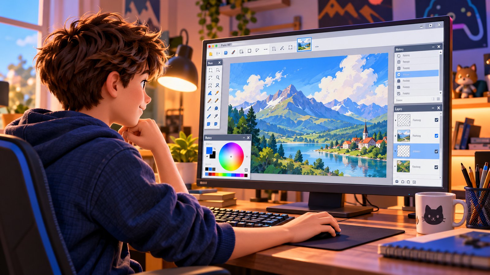 Підліток працює в Paint.NET, а навколо робочого полотна виділені панелі Tools, History, Layers і Colors.