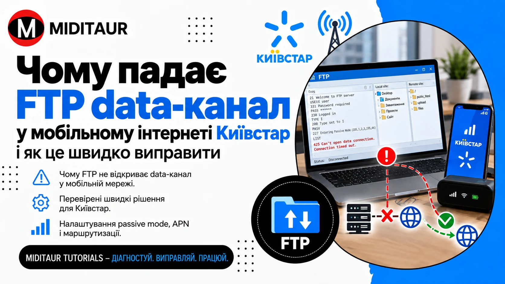 FTP data-канал у мобільному інтернеті Київстар — причини помилок і способи швидкого виправлення