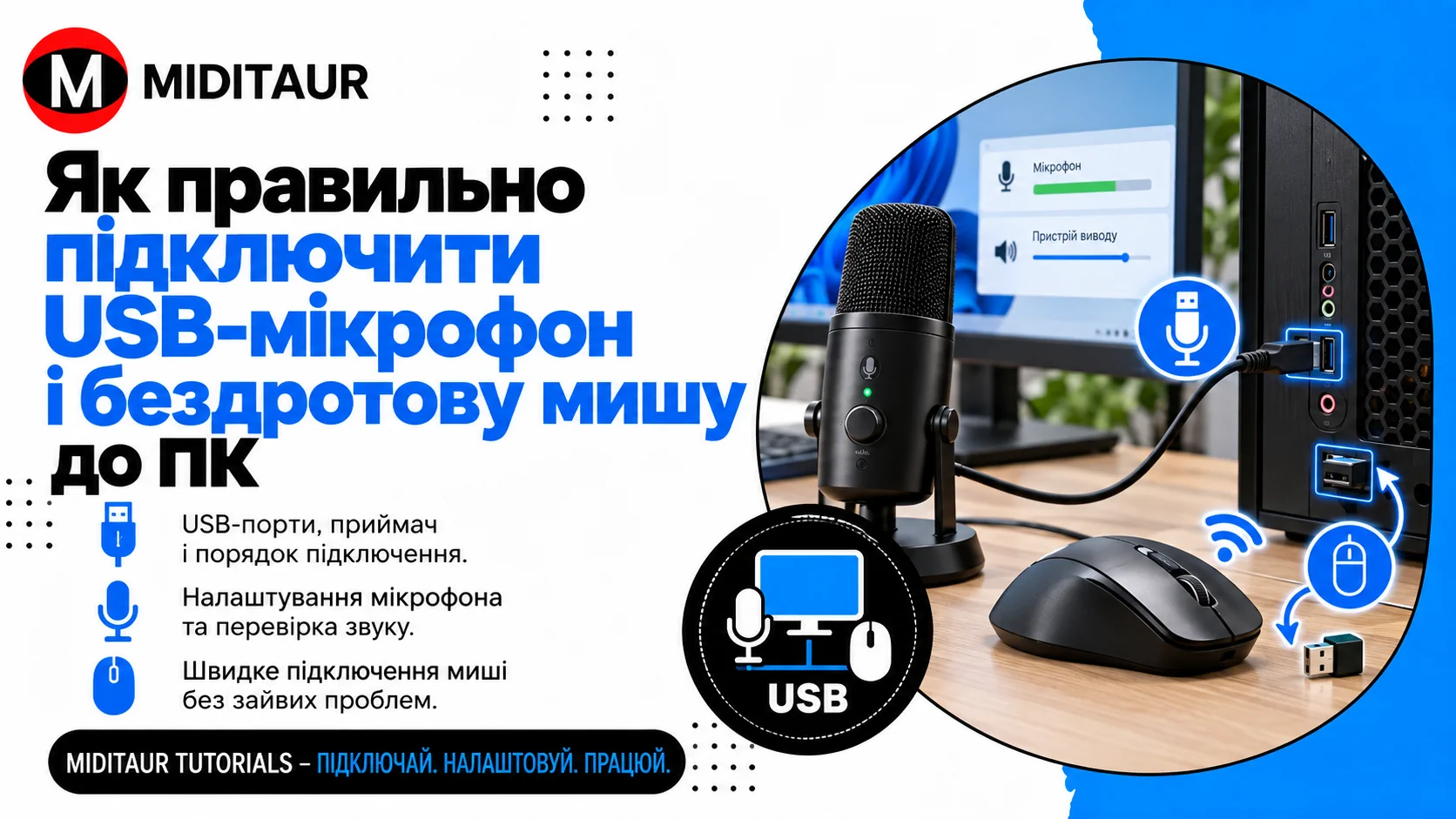 Підключення USB‑мікрофона і бездротової миші до ПК — правильний порядок, USB‑порти та базове налаштування