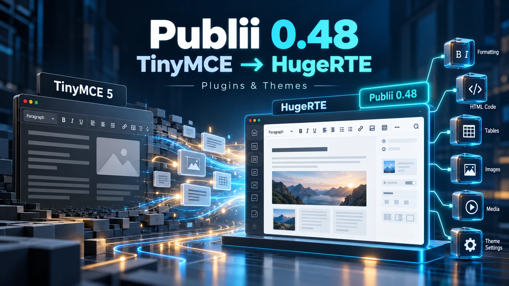 Publii 0.48 — перехід із TinyMCE на HugeRTE, міграція редактора та сумісність плагінів і тем