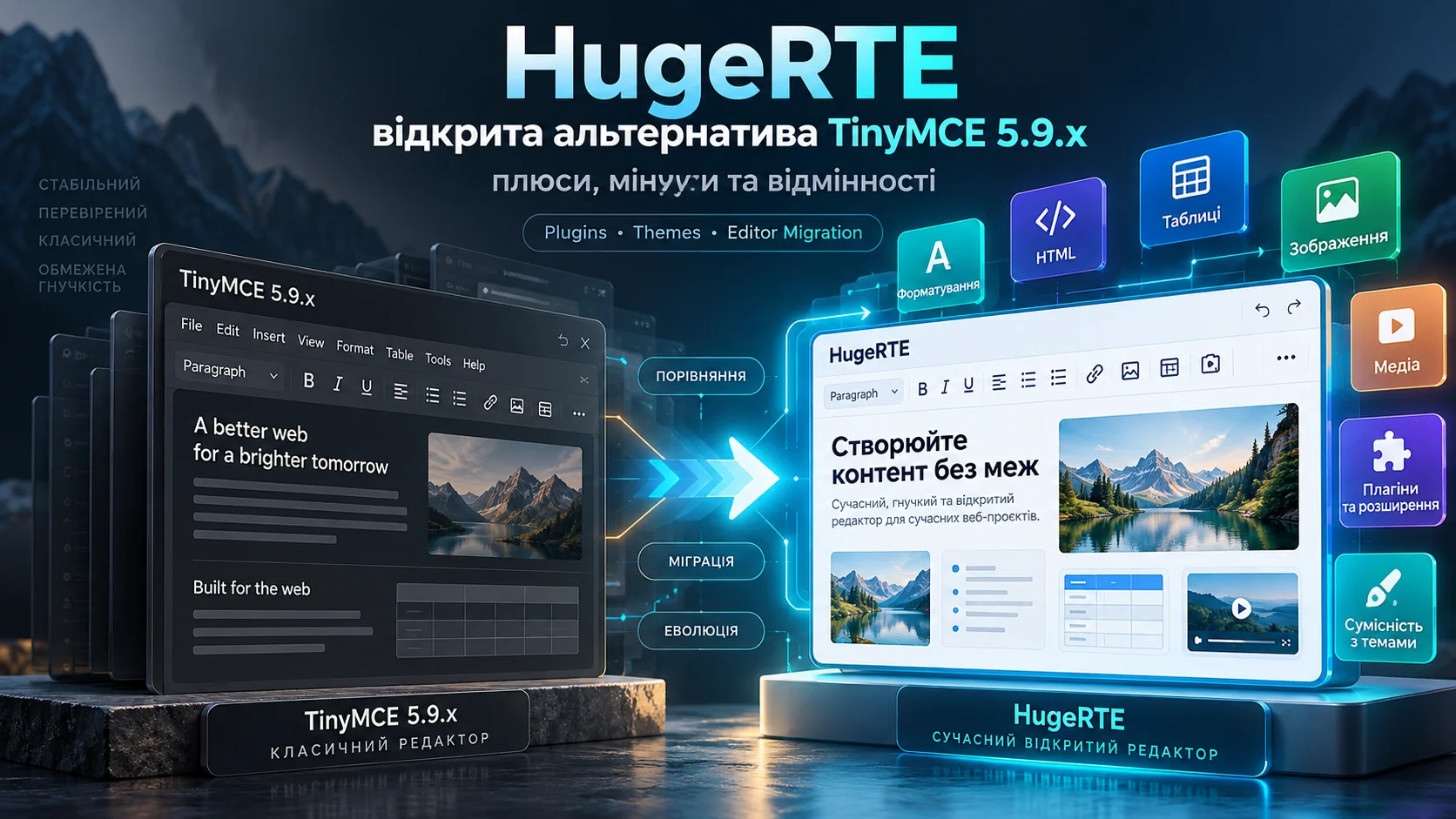 Порівняння HugeRTE і TinyMCE 5.9.x — плюси, мінуси, відмінності, міграція та сумісність плагінів і тем