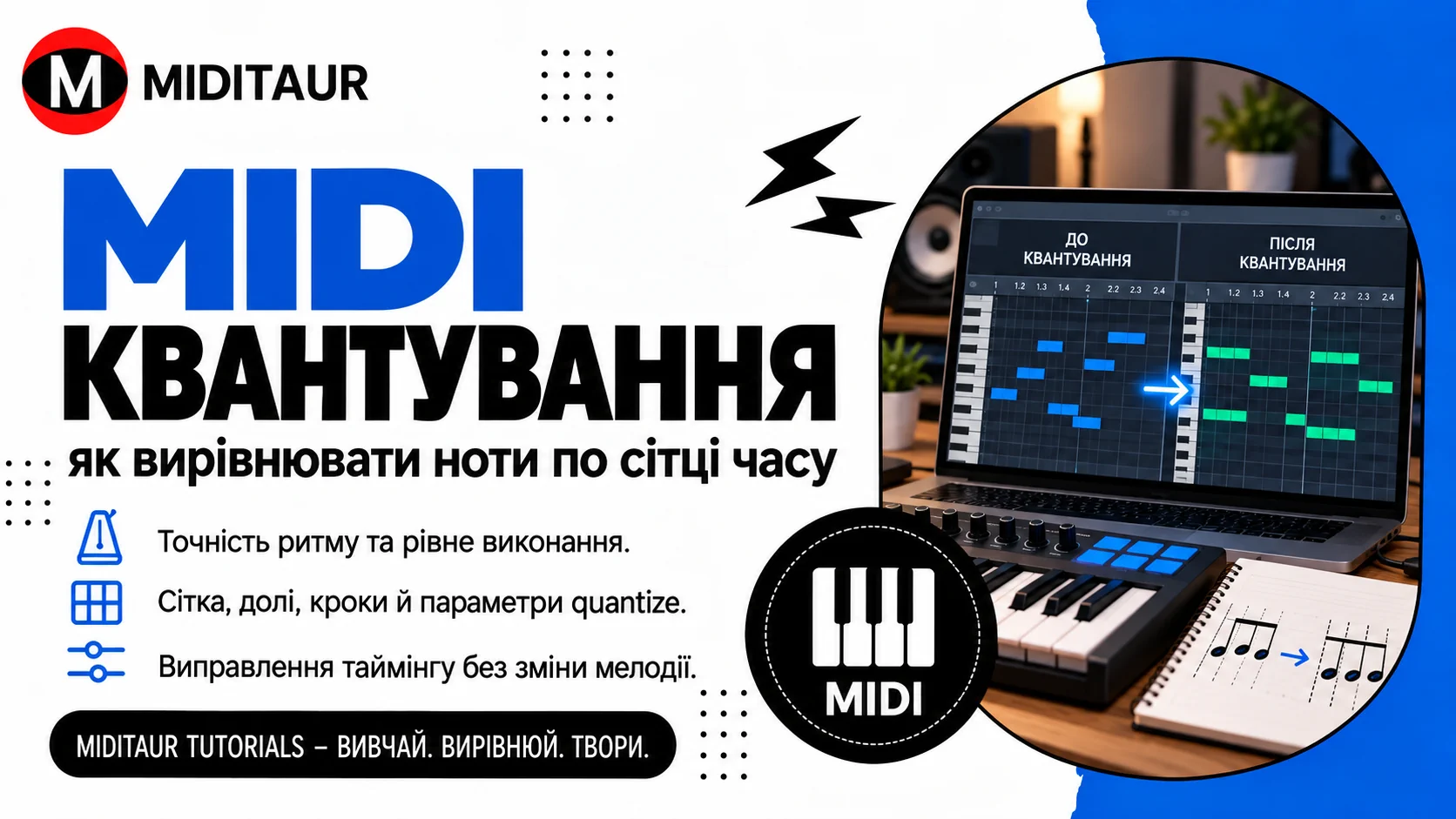 MIDI квантування — вирівнювання нот по часовій сітці до і після quantize