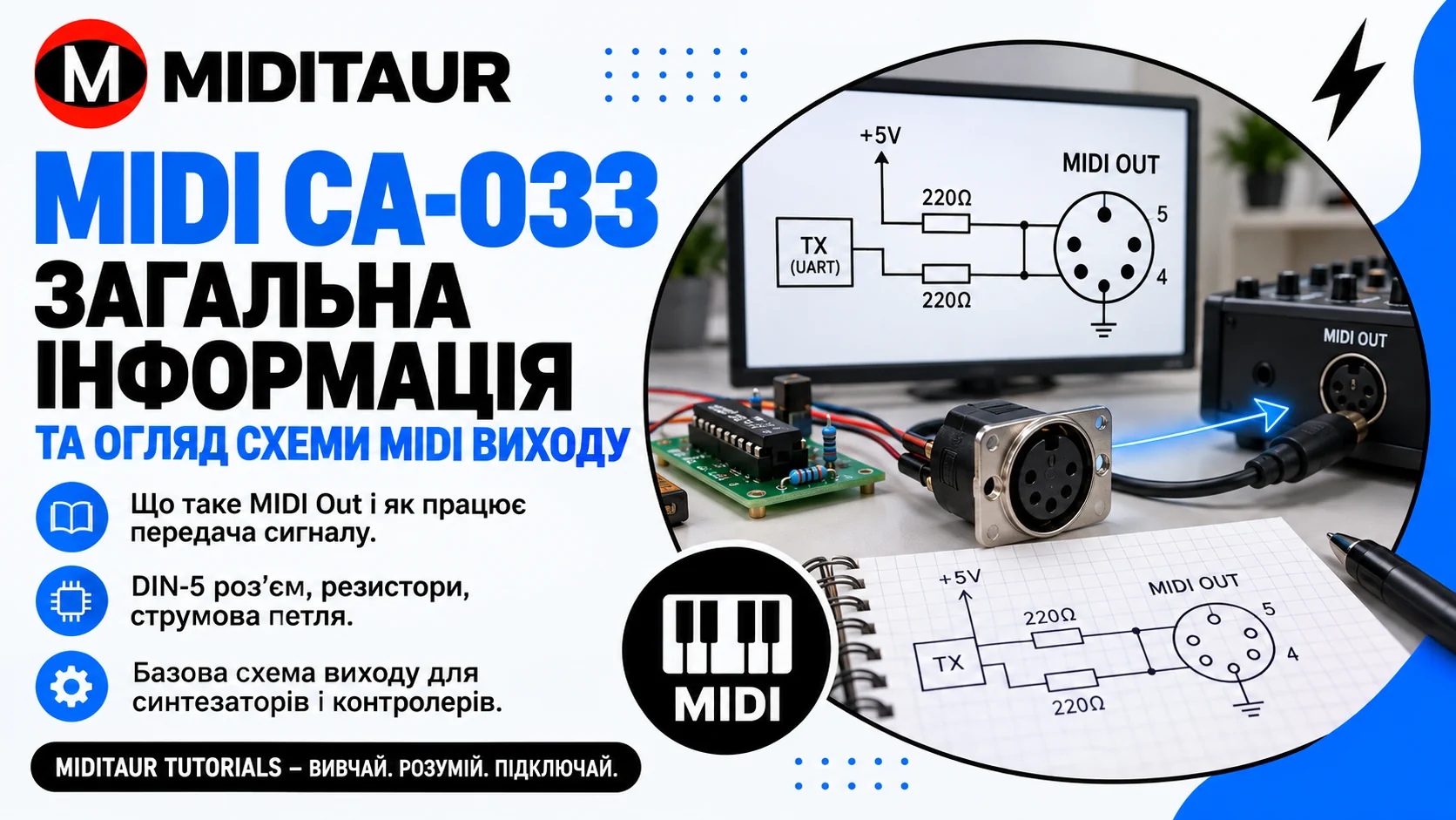 MIDI CA-033 — схема MIDI Out із DIN-5 роз’ємом, резисторами та передачею сигналу