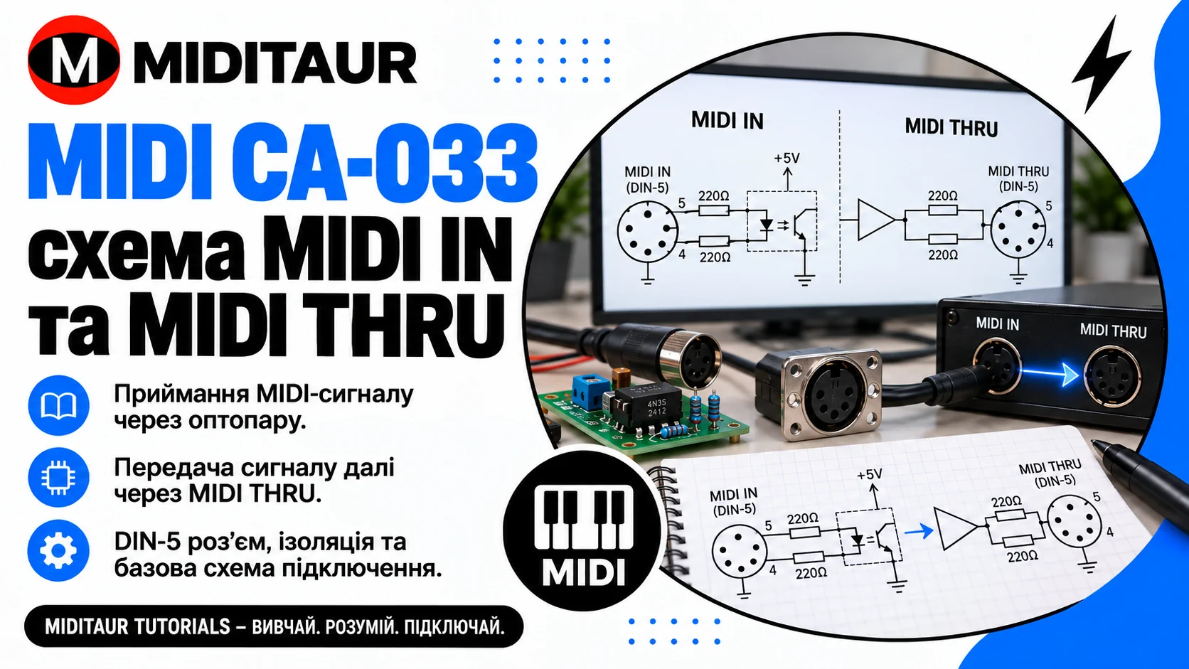 MIDI CA-033 — схема MIDI IN та MIDI THRU з оптопарою, DIN-5 роз’ємами та передачею сигналу