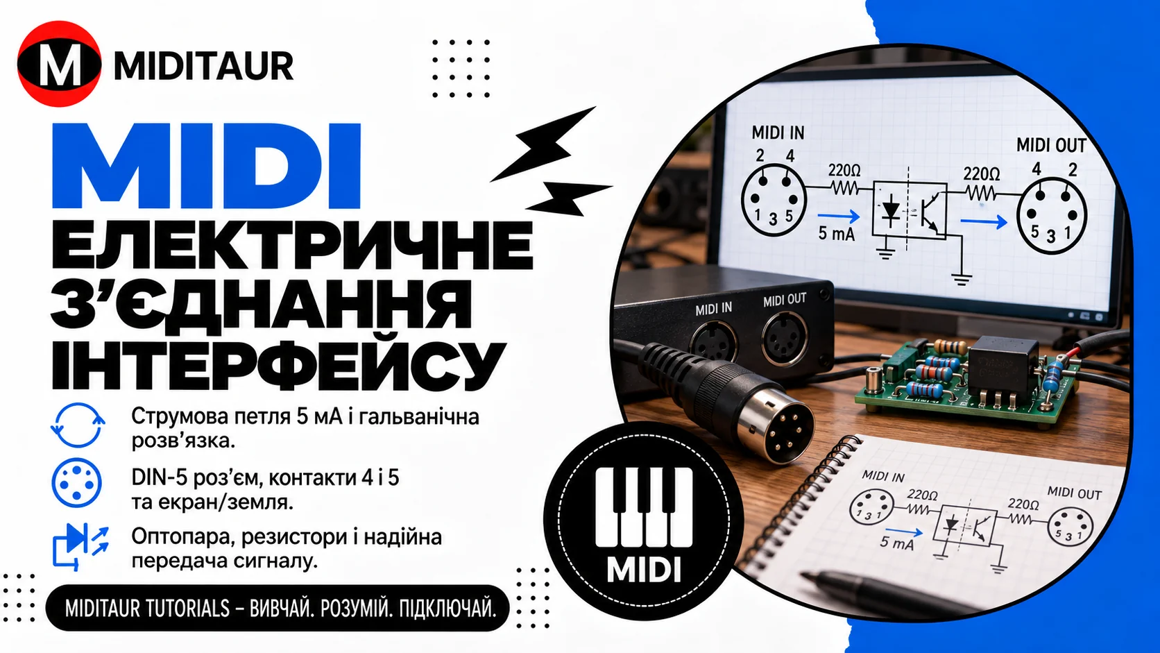 MIDI електричне з’єднання — DIN-5, струмова петля 5 мА, резистори та оптоізоляція