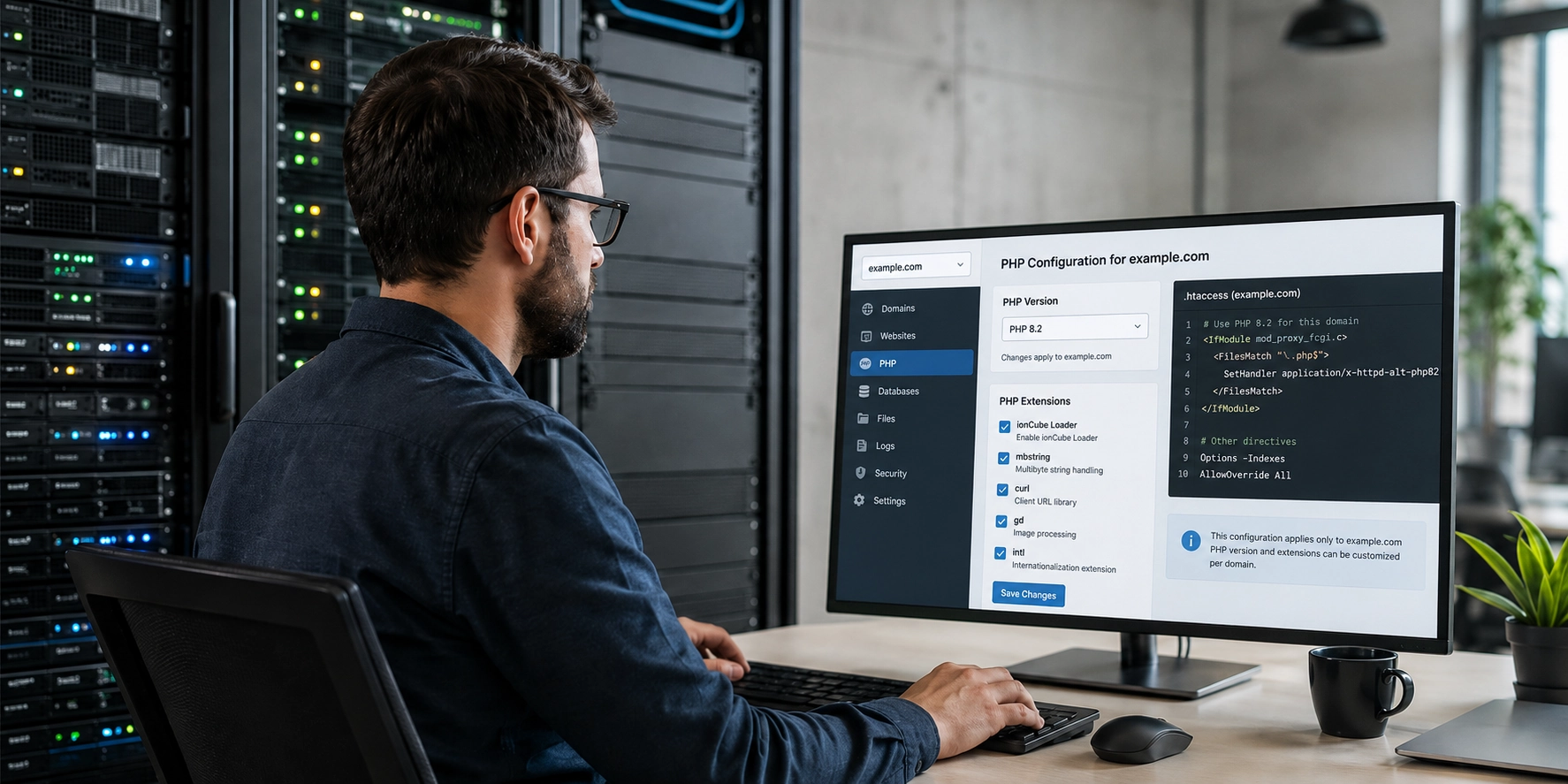 Адміністратор налаштовує версію PHP та розширення ionCube, mbstring і cURL для окремого домену