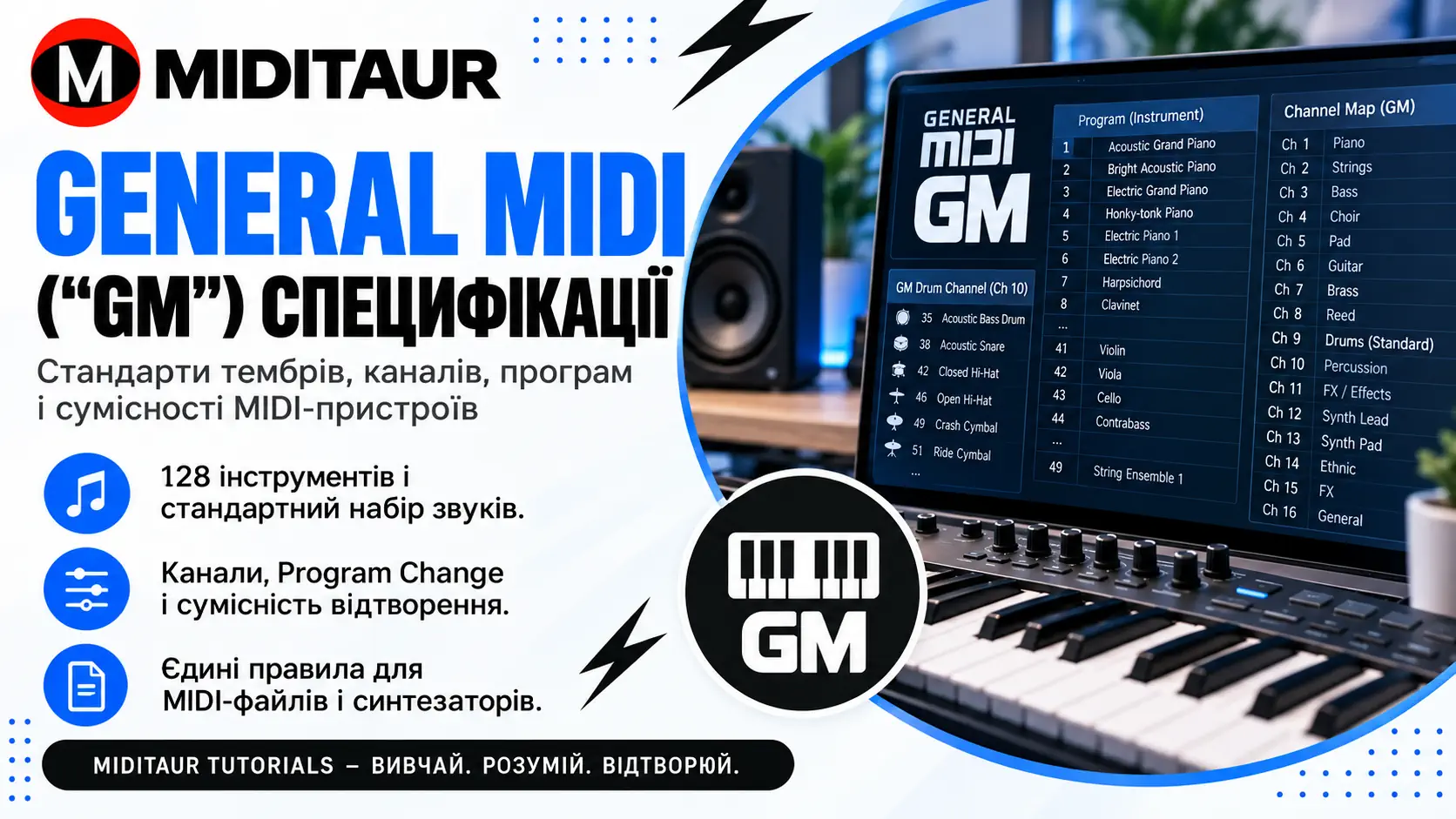 General MIDI GM — 128 інструментів, MIDI-канали, Program Change та стандартна карта тембрів