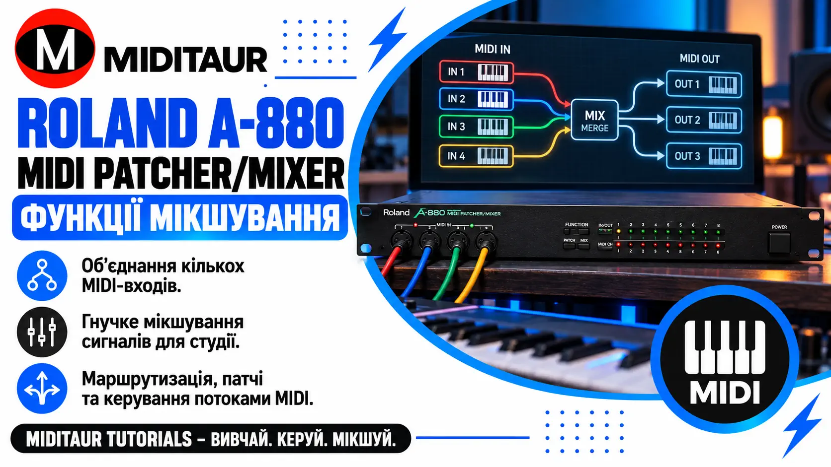 Roland A-880 MIDI Patcher/Mixer — об’єднання MIDI-входів, маршрутизація та мікшування MIDI-сигналів
