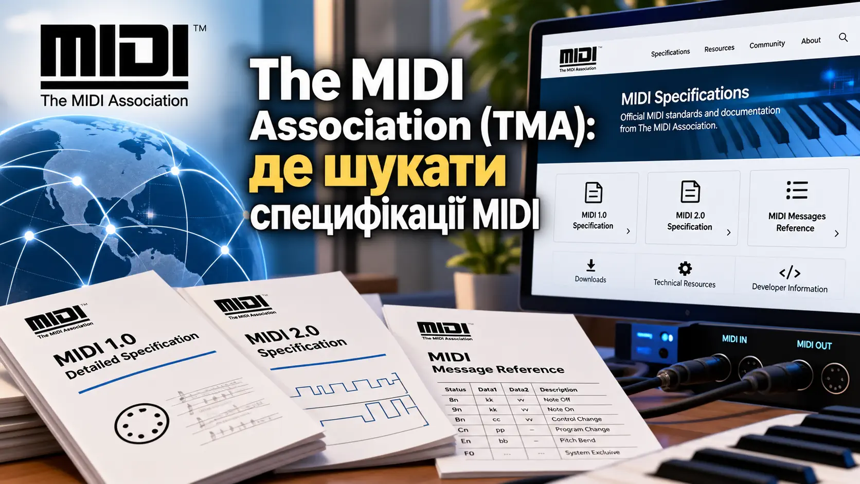 The MIDI Association — офіційні специфікації MIDI 1.0, MIDI 2.0, довідники повідомлень і технічні ресурси