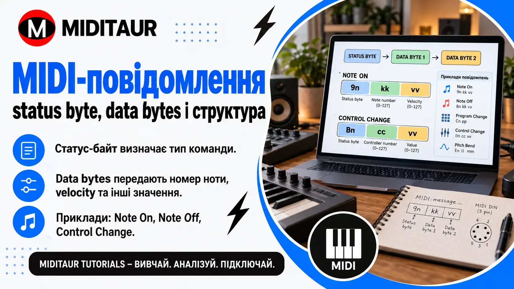 MIDI-повідомлення — status byte, data bytes, структура команд і приклади Note On, Note Off та Control Change