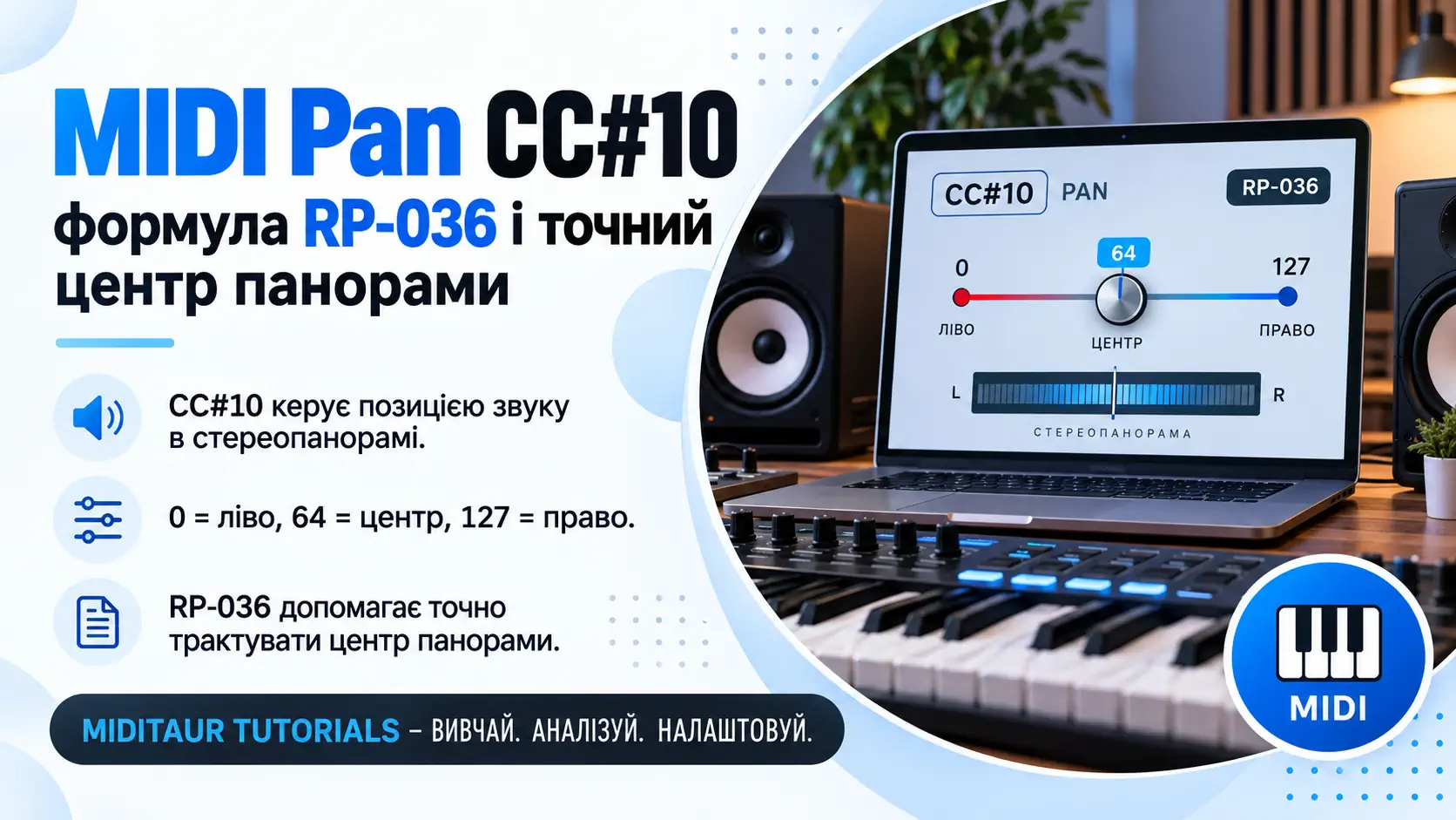 MIDI Pan CC#10 — значення 0, 64 і 127, стереопанорама та трактування центру за RP-036