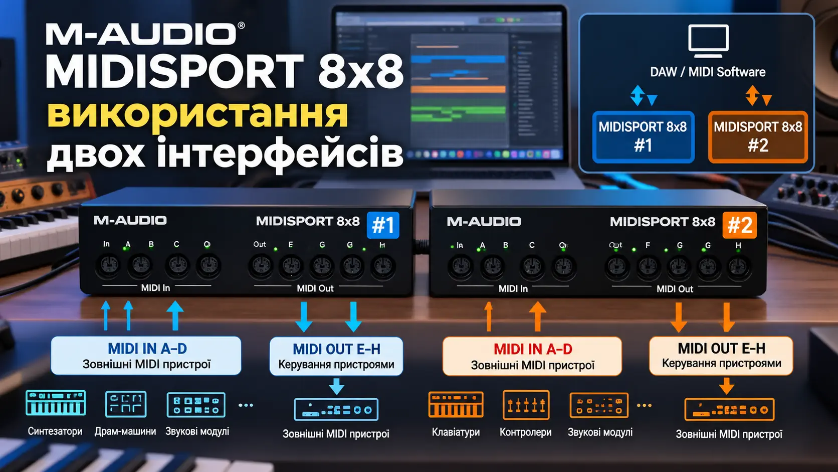 Два M-Audio MIDISPORT 8x8 — розширення MIDI-входів і виходів для студійної системи