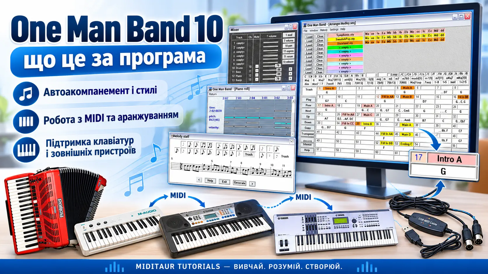 One Man Band 10 — автоакомпанемент, MIDI-аранжування, стилі, Piano Roll, мікшер і робота з MIDI-клавіатурами