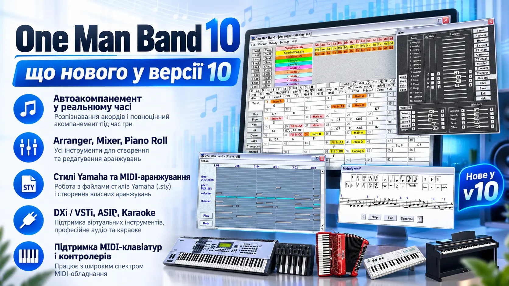One Man Band 10 — нові можливості версії 10: автоакомпанемент, Arranger, Mixer, Piano Roll, стилі Yamaha та MIDI