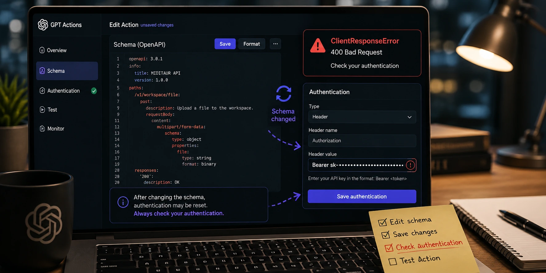 Помилка ClientResponseError у GPT Actions після зміни OpenAPI schema та необхідність повторно перевірити Authentication