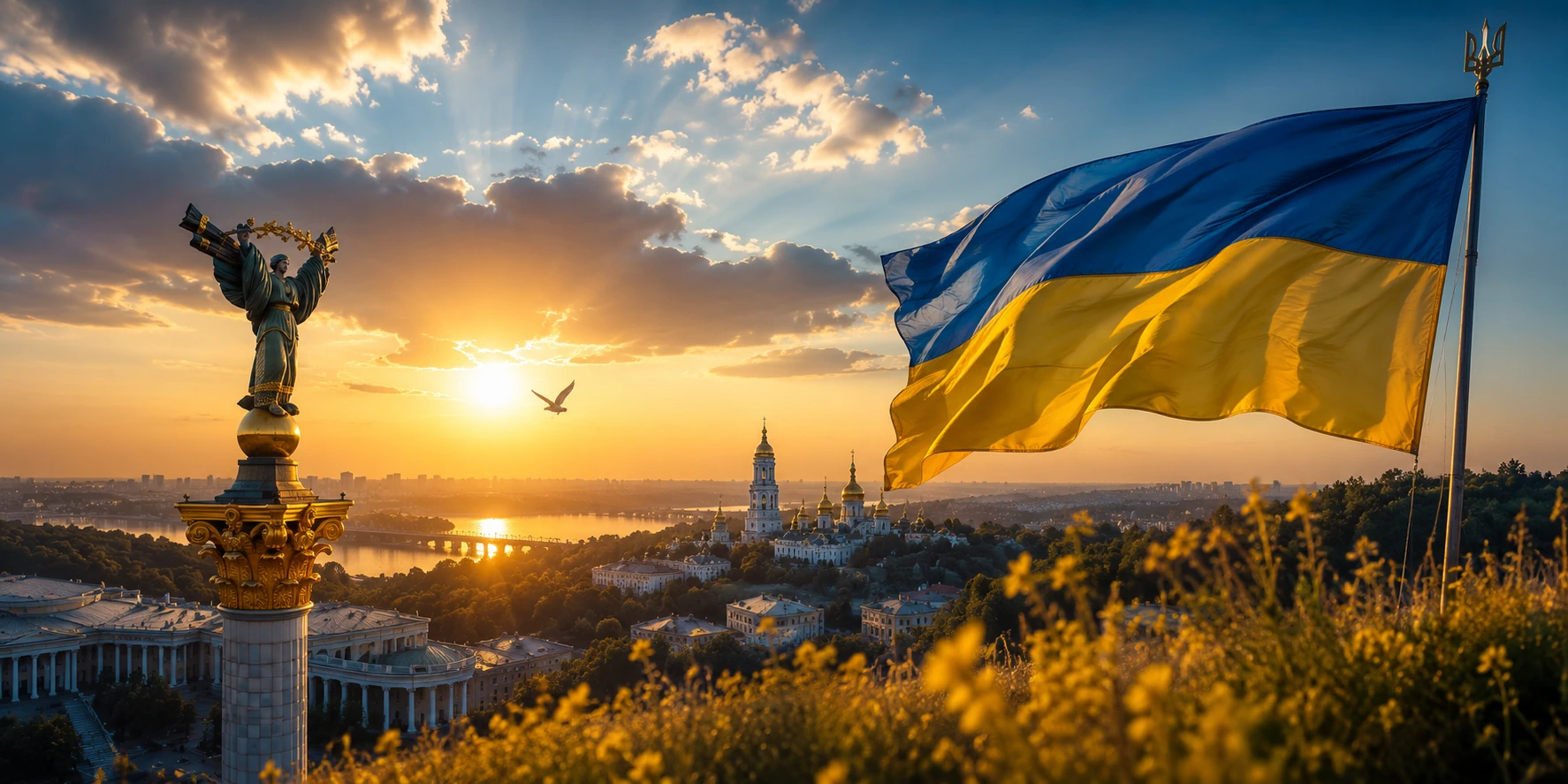 Український прапор над Києвом у променях заходу сонця до Дня Незалежності Українио Дня Незалежності України