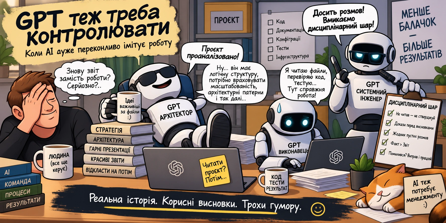 GPT-архітектор, виконавець і системний інженер — гумористична ілюстрація про контроль роботи AI
