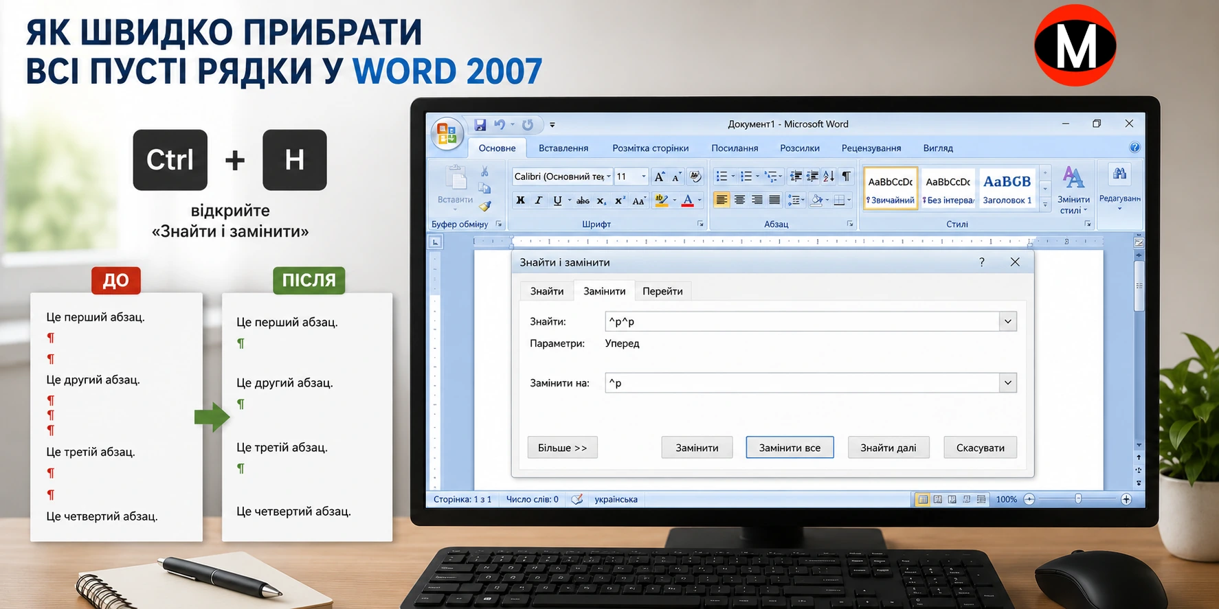 Вікно «Знайти і замінити» у Microsoft Word 2007 з прикладом використання комбінації Ctrl+H для швидкого видалення пустих рядків у документі.