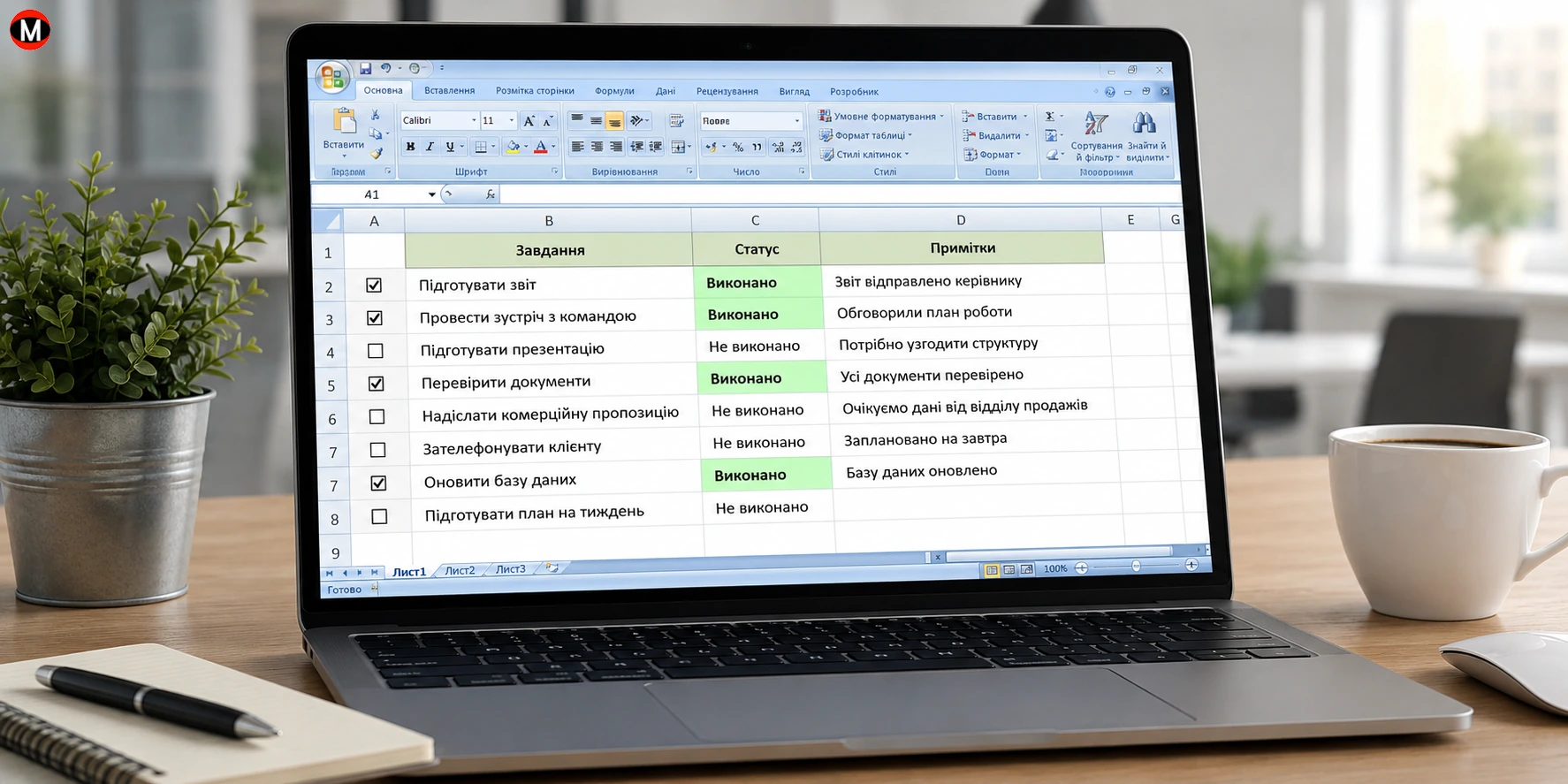 Робочий стіл із ноутбуком, на екрані якого відкрито Microsoft Excel 2007 з інтерактивним чеклістом, прапорцями та позначками виконаних завдань.