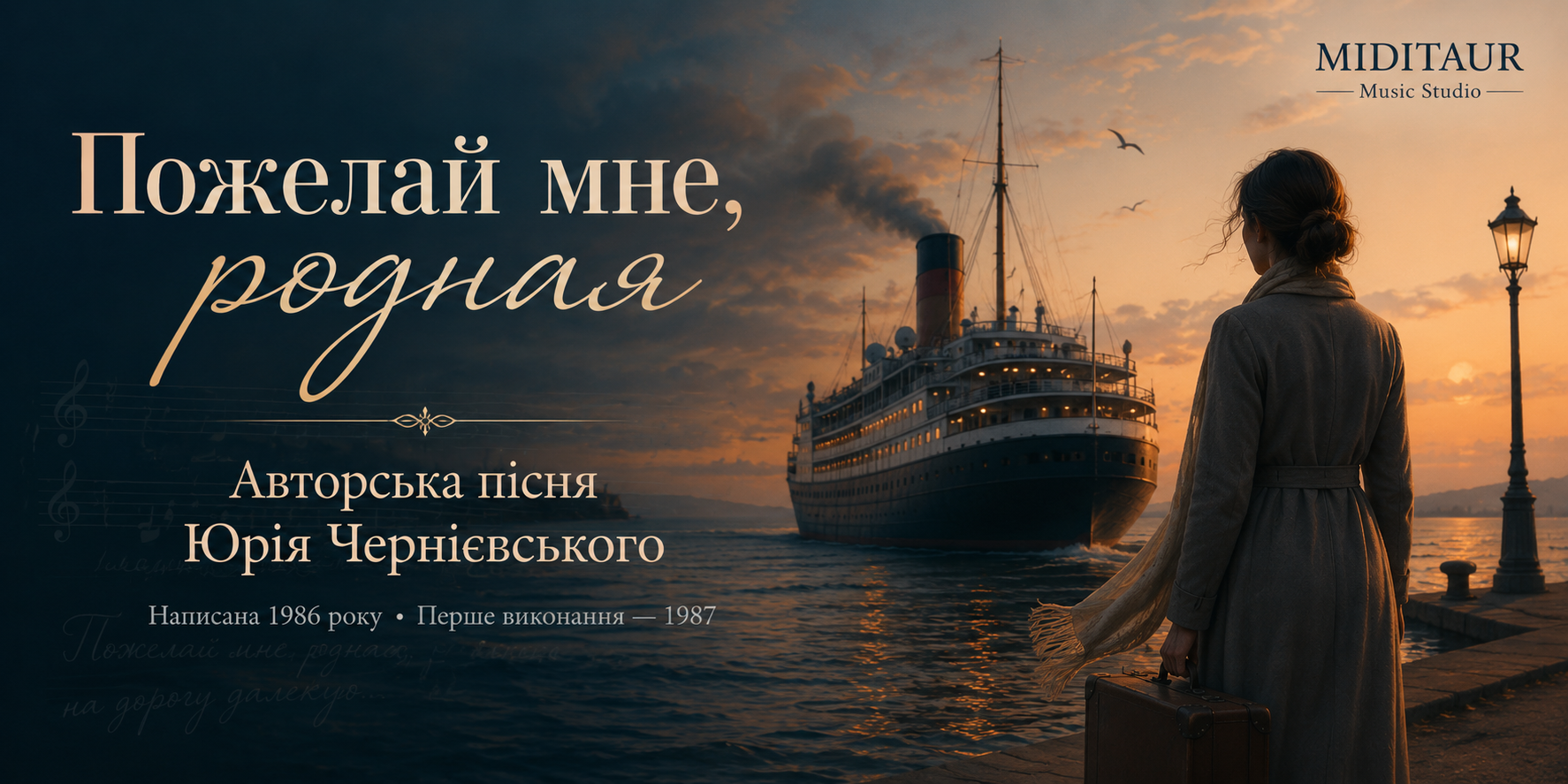 Промопостер пісні «Пожелай мне, родная» Юрія Чернієвського: теплохід у морі та жінка на причалі.