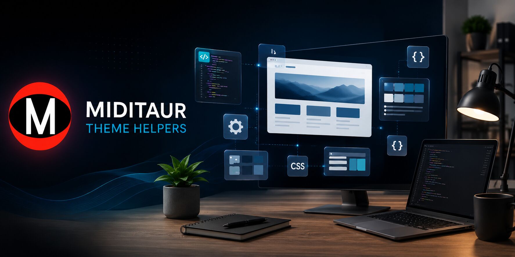 Робоче місце розробника з інтегрованим логотипом MIDITAUR та концепцією модульних компонентів Theme Helpers для тем Publii.