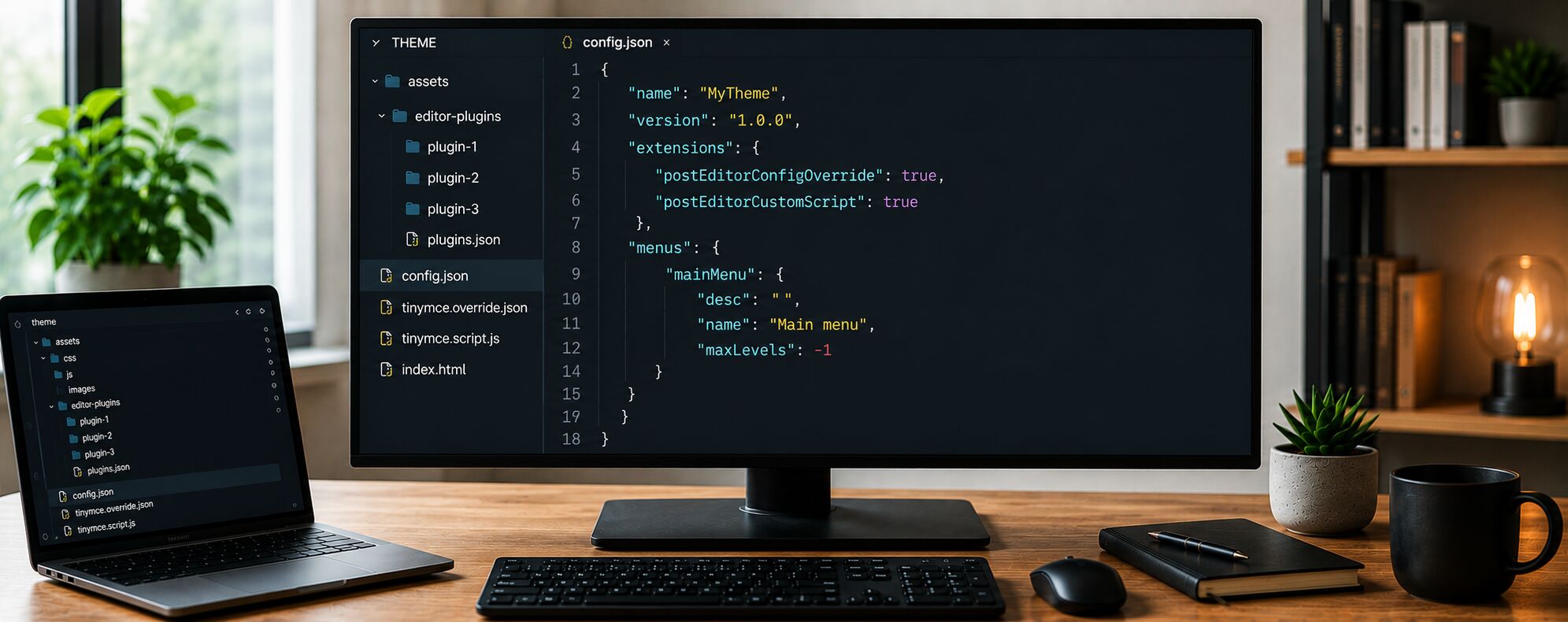 Монітор із відкритим файлом config.json теми Publii, де налаштовано підтримку власних плагінів TinyMCE та конфігурації редактора.